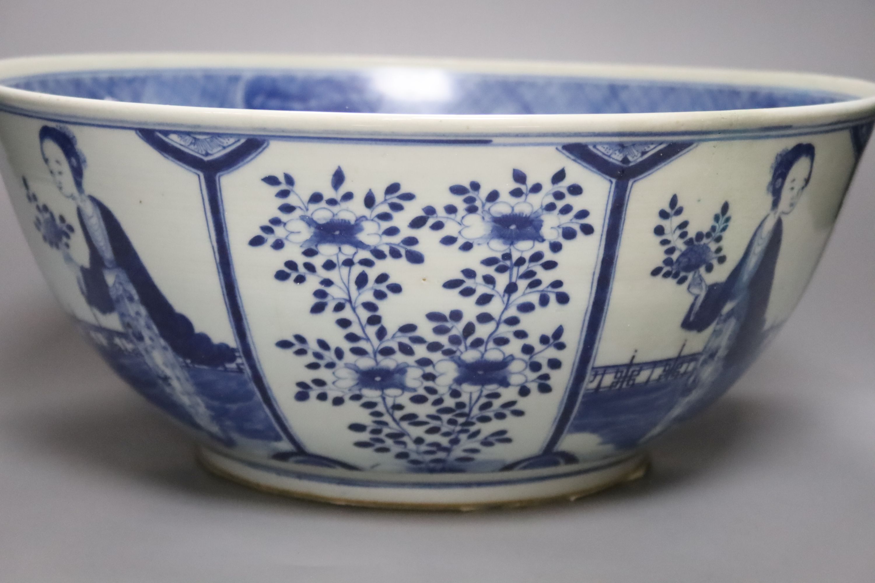 A 19th century Chinese blue and white punch bowl, diameter 36cm (restored)